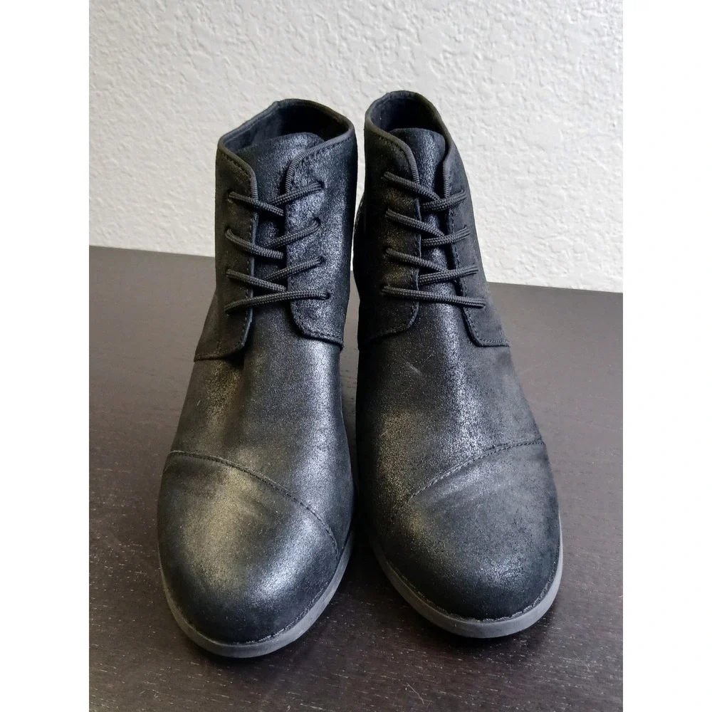 TOMS Kala Black Metallic Multi Glitter Lace Up Wedge Ankle Booties Womens 9